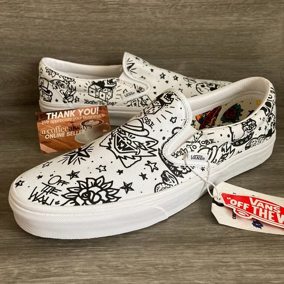 Vans Other - Vans Classic Slip-On U-Color Tattoo True White Black Size 11.5 Men's NWOB